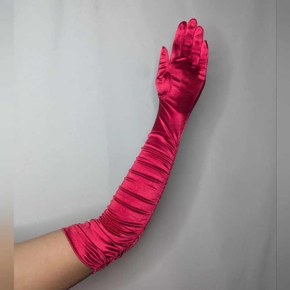 New Womens Red Semi Shiny Ruched Scrunched Satin Evening Gloves One Size